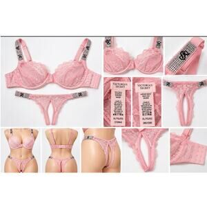 Victoria's Secret Very Sexy Pink Lace Rhinestone Bra 38D Thong XL Set NWT